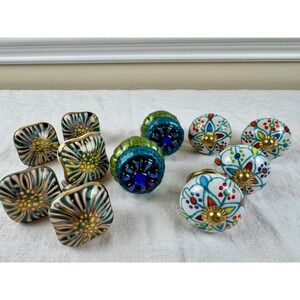 10pc Mixed Bohemian Ceramic Glass Drawer Pulls Cabinet Knobs Floral Iridescent